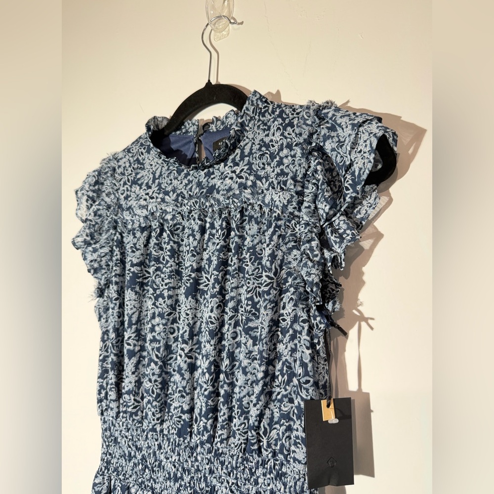 Halogen Navy Blue Floral Smocked Midi Dress Ruffle Sleeve Sz S Cottagecore - Picture 3 of 8